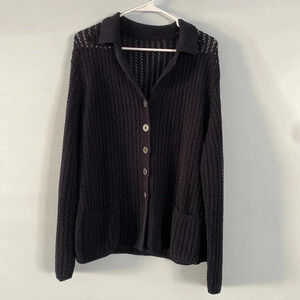 Les Copains Women Classic Loose Knit Collared Cotton Cardigan Navy Size XL Italy